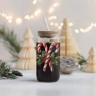 Christmas classic glass cup 17oz glass straw - Candy cane holly holiday tumbler bamboo lid - Traditional festive gift
Christmas coffee bar accessory – glass tumbler with candy cane and holly wreath