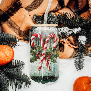 Festive Christmas tumbler - 17oz glass with candy cane and holly artwork
Christmas party drinkware - reusable glass tumbler with candy cane design