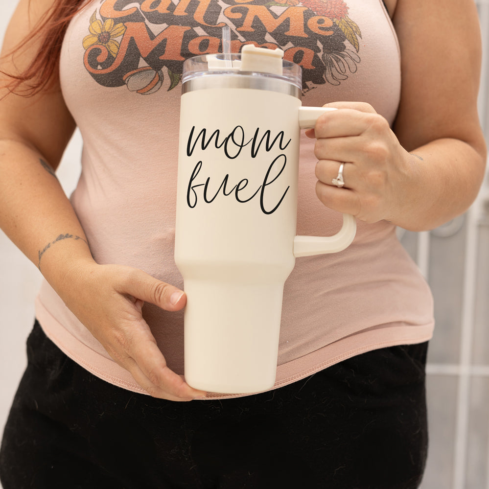 Large coffee mug tumblers for mom, 40oz ivory tumbler with lid and straw, mom fuel coffee mugs