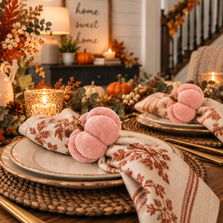 velvet pumpkin napkin ring holders in rich fall colors. Perfect for Thanksgiving tables, autumn entertaining, farmhouse decor, fall place settings and seasonal hosting.
