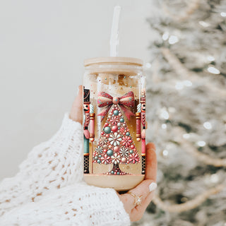 Christmas bohemian drinkware glass tumbler 17oz - Nutcracker floral bamboo lid - Holiday boho pink teal coffee cup