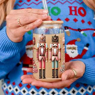 17oz Christmas coffee tumbler glass - Boho nutcracker floral holiday kitchen gifts bamboo lid straw - Pink teal design