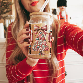 17oz holiday glass tumbler - Christmas nutcracker boho coffee cup gifts - Floral pink teal festive drinkware bamboo lid