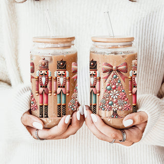 Unique Christmas coffee cup – boho glass tumbler with pink, teal, gold, and glitter
Nutcracker holiday coffee mug – festive glass cup for kitchen or coffee bar decor