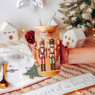 Holiday coffee gifts glass cup 17oz - Christmas nutcracker soldiers boho floral kitchen accessories bamboo lid straw
Colorful Christmas glass cup - Merry tumbler with glitter bow design