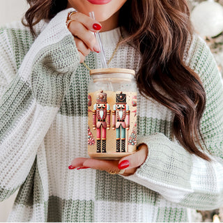 Boho Christmas glass tumbler 17oz bamboo lid - Nutcracker floral holiday coffee cup glass straw - Pink teal bohemian drinkware