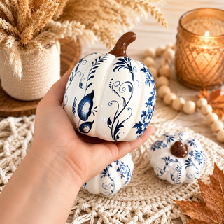 Ceramic pumpkins with chinoiserie floral pattern
Blue and white pumpkins for autumn centerpiece
Chinoiserie pumpkin decor for modern traditional home
Blue and white pumpkins for harvest season decor