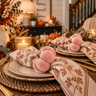 fall tablescape, Thanksgiving table decor, velvet pumpkin decor, blush fall decor, and farmhouse napkin rings.