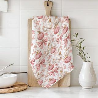 pink pumpkin and bow fall décor for coffee bar
elegant pink pumpkin towel for modern fall kitchen
pink harvest pumpkin tea towel for cottage style décor
pink pumpkin gift idea for autumn housewarming
pink pumpkin towel displayed on rustic wood background