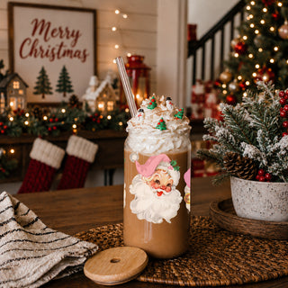 Sparkly Christmas coffee mug – 2 vintage Santa faces on a glass cup
Bulk Trendy Christmas gifts vintage Santa glass tumbler 17oz - Holiday pink hat retro drinkware bamboo lid
Sparkly Christmas coffee tumbler – festive vintage Santa faces design