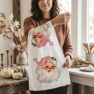 vintage santa claus christmas kitchen towel gift idea
retro pink santa holiday tea towel farmhouse decor
funny nostalgic santa kitchen towel for christmas decor
mrs claus vintage christmas dish towel unique gift
classic santa face flour sack towel holiday kitchen