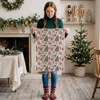 everyday use holiday kitchen towel santa design
pink vintage santa christmas kitchen towel for farmhouse decor
cute pink christmas tea towel with santa trees and candy canes
retro pink santa dish towel perfect holiday gift idea
cozy cottagecore christmas kitchen towel pink santa design