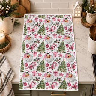 pink vintage santa kitchen towel christmas decor
retro santa face christmas tea towel pink holiday
cute pink christmas dish towel santa trees pattern
vintage santa claus kitchen towel festive design
pink holiday kitchen towel with santa and trees
christmas tea towel pink aesthetic santa print