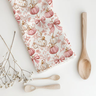 soft pastel pink pumpkin flour sack towel for autumn
elegant pink pumpkin and floral pattern kitchen towel
pink bow pumpkin towel for pretty thanksgiving décor
romantic pink pumpkin dish towel for cottagecore kitchen