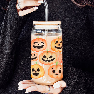 Fall entertaining glassware
Autumn table decor
Halloween drinkware with smiling pumpkin faces artwork
Aesthetic fall tumbler with kawaii pumpkin pattern