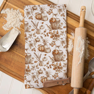 pumpkin harvest fall kitchen towel décor
autumn pumpkins cotton tea towel for rustic kitchen
thanksgiving pumpkin print flour sack dish towel
farmhouse fall pumpkin towel hanging on cabinet handle
vintage-style pumpkins, leaves, and harvest details in warm brown tones