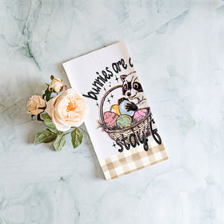 Hilarious raccoon dish towel stay feral Easter humor
Sassy Easter kitchen towel raccoon basket gingham
Clever raccoon towel bunnies overrated funny Easter
Humorous Easter dish towel raccoon eggs stay feral