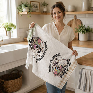 Funny Easter raccoon dish towel stay feral gingham
Raccoon Easter basket towel bunnies overrated humor
Stay feral kitchen towel funny raccoon Easter eggs
Chaotic Easter raccoon dish towel funny farmhouse spring