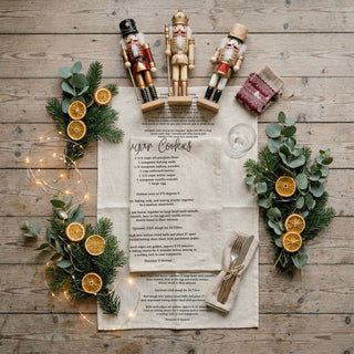 christmas towel for easy cookie baking at home
recipe kitchen towel for beginner holiday baking
holiday towel with baking directions for cookies
christmas kitchen towel that simplifies baking process
festive towel with recipe for quick cookie making