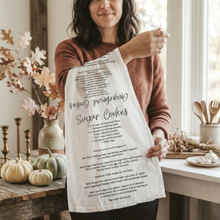 christmas kitchen towel with printed sugar cookie and gingerbread recipes
holiday baking towel with step by step cookie recipe instructions
festive christmas kitchen towel for baking and decorating cookies
recipe kitchen towel for holiday baking sugar cookies and gingerbread