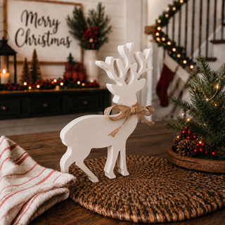 Rustic white reindeer decorations with detailed antlers
Wooden Christmas deer figures with burlap ribbon
White tabletop reindeer décor for the holidays
Christmas reindeer silhouettes made from MDF
Large and small white wooden reindeer decorations
Decorative reindeer pair for Christmas displays
White Christmas deer figurines for shelves and mantels
Farmhouse wooden reindeer decoration set
Neutral Christmas reindeer figurines with rustic bows
Indoor wooden reindeer decorations for holiday styling