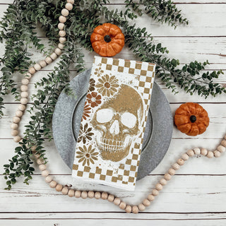 skull and ghost autumn kitchen towel for farmhouse décor
tan checkered halloween tea towel with floral skull art
warm neutral halloween towel for cozy fall kitchen