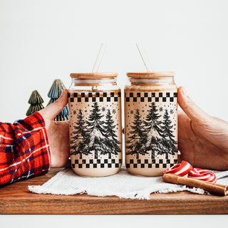 Christmas cup with retro trees - reusable tumbler with bamboo lid
Buffalo check Christmas tumbler - retro tree holiday drinkware
Vintage holiday tumbler gift - Christmas tree glass with rustic design