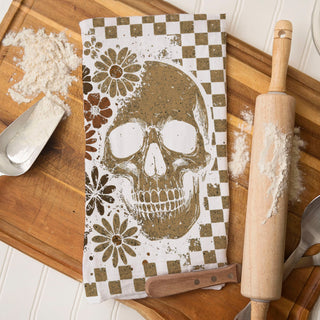 boho chic halloween towel skull and ghost duo
retro skull kitchen linen for october baking scene
neutral halloween textile with checkered skull and daisies