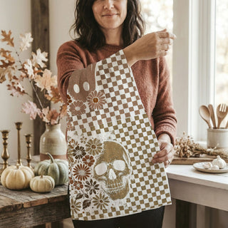 boho checkered skull towel for fall home décor
minimalist halloween ghost towel in tan and brown
spooky neutral fall dish towel with retro checks