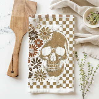 brown checkered ghost towel for farmhouse halloween kitchen
retro skull kitchen towel with daisy flowers and checks
neutral halloween hand towel with retro ghost illustration