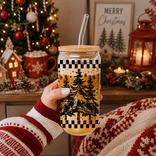 Christmas glass drinkware 17oz - Retro vintage tree holiday cup with glass straw - Checkered design kitchen gift
17oz vintage holiday glass tumbler - Retro Christmas tree coffee cup gifts - Checkered festive drinkware bamboo lid