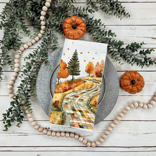 vintage fall countryside towel added to seasonal gift basket
classic autumn road towel for neutral farmhouse entryway
farmhouse kitchen fall towel with warm golden foliage