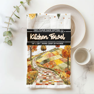 farmhouse fall décor towel draped over oven handle
unique patchwork landscape towel for fall coffee bar styling
vintage autumn home accent towel with rolling hills and trees