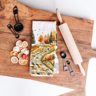 rustic farmhouse fall path towel with patchwork fields
unique fall kitchen decoration with scenic autumn road
vintage inspired autumn trees towel for cozy home décor