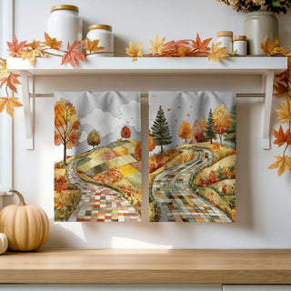 harvest landscape cotton towel for fall home décor
fall and thanksgiving kitchen towel with winding quilt road
autumn patchwork road dish towel for farmhouse kitchen
fall scenic road tea towel with colorful trees and hills