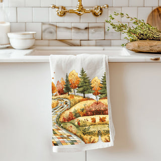 classic harvest landscape flour sack towel for country kitchen
farmhouse style fall dish towel with quilted hillside
unique autumn home décor towel with painted country lane