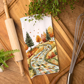 patchwork countryside tea towel for warm fall décor
fall baking towel with scenic road and pumpkins nearby
autumn hill and trees cotton towel for cozy entryway ladder
neutral white towel with watercolor autumn landscape print