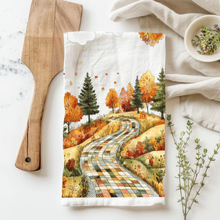 autumn countryside kitchen towel with trees and leaves
cozy season dish towel with painted fall road artwork
fall foliage landscape towel for thanksgiving hostess gift
country road in autumn cotton towel for rustic décor