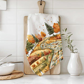 vintage watercolor fall road towel for cottage kitchen
classic fall foliage kitchen towel for traditional décor
farmhouse autumn tea towel with fields and winding trail