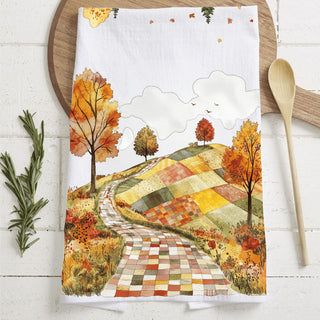 Patchwork Road Fall Kitchen Towel – Autumn Trees Flour Sack Dish Towel for Cozy Farmhouse Décor