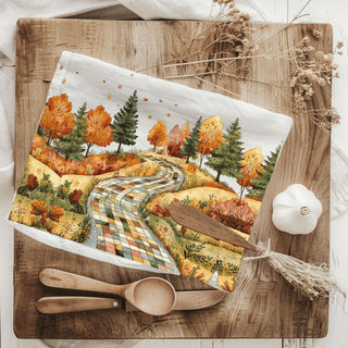 unique scenic fall towel perfect for hostess or housewarming gift
vintage country road towel for rustic dining room décor
classic autumn kitchen towel for thanksgiving decorating
