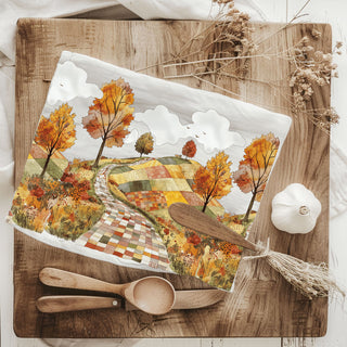 autumn scenic route dish towel for road trip lovers
fall landscape cotton towel for seasonal home gift box
vintage fall landscape kitchen towel with winding road
classic autumn countryside dish towel for farmhouse décor