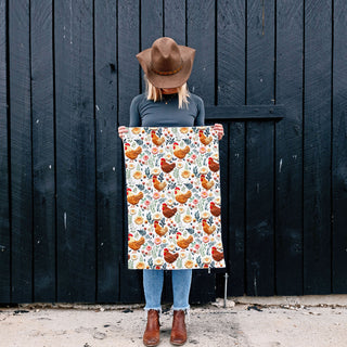 boho farmhouse kitchen towel floral pattern
farmhouse spring decor chicken and flower towel
shabby chic chicken towel for rustic kitchen
bright country towel with floral chickens
whimsical farmhouse towel spring kitchen accent