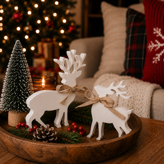 White wooden reindeer displayed in a cozy Christmas living room
Farmhouse Christmas décor featuring white reindeer figurines
White Christmas reindeer styled with greenery and warm lights
Wooden reindeer decorations in a festive holiday home
Rustic Christmas tabletop décor with two white deer
White reindeer figurines beside Christmas greenery and berries
Neutral Christmas décor with white wooden reindeer
Holiday mantel display with decorative white reindeer