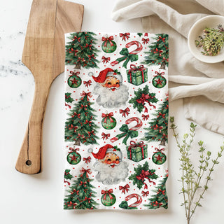 classic christmas dish towel for festive kitchen home decor
christmas towel with santa candy cane ornaments and bows
holiday kitchen towel for christmas decorating and gifting
festive christmas towel for cozy kitchen holiday styling
traditional christmas towel with santa and tree design
holiday kitchen towel with festive icons and seasonal pattern
