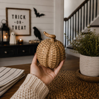 Neutral Halloween Home Decorations, Neutral Fall Home Decor
Year-round pumpkin decor
Resin pumpkin set
Transitional fall decor
Graduated size resin pumpkins rattan basketweave style fall decor neutral autumn centerpiece wicker texture
Pumpkin Decor for tabletop, shelf or mantle