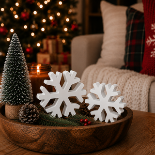 White wooden snowflakes for Christmas mantel décor
Freestanding snowflake decorations for holiday shelves
Wooden snowflake figurines for a Christmas tabletop
White winter decorations for fireplace mantel styling
Snowflake décor for an entryway console table
Wooden Christmas snowflakes for a holiday centerpiece
White snowflake accents for floating shelves
Small snowflake decorations for tiered tray décor
Christmas snowflakes for a holiday village display