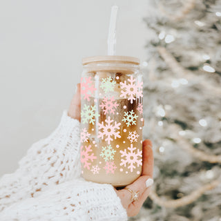 Sage green pink Christmas glass tumbler 17oz - Pastel snowflake holiday drinkware bamboo lid winter gift
pastel pink and green snowflake glass tumbler gift
Unique Christmas coffee cup