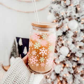 Christmas pastel pink mint snowflake coffee cup gifts - Winter festive drinkware bamboo lid
Christmas glass tumbler with mint and pink snowflake wrap