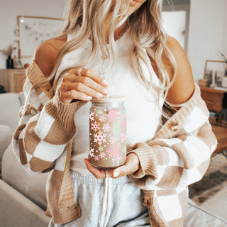 Trendy winter tumbler - pastel snowflake Christmas glass with bamboo lid
Christmas glass drinkware 17oz - Pastel snowflake pink mint holiday cup with glass straw - Soft color kitchen gift
pastel pink and green snowflake glass cup